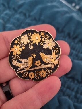 Vintage Black and Gold Bird Floral Enamel Brooch Pin